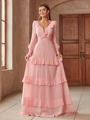 Elegant Solid Color Ruffled Waist Belt And Flared Hem Extra-Long Bridesmaid Wedding Party Dress
