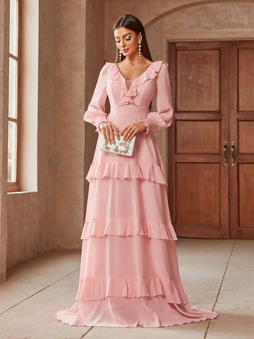 Elegant Solid Color Ruffled Waist Belt And Flared Hem Extra-Long Bridesmaid Wedding Party Dress
