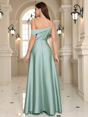 Elegant Solid Color Strapless Oblique Shoulder Maxi Evening Dress
