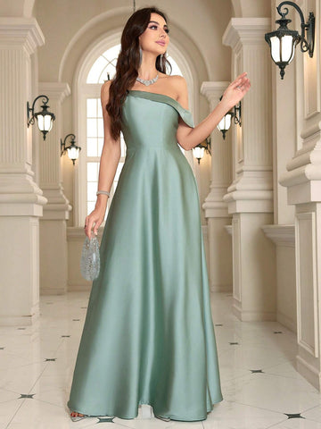 Elegant Solid Color Strapless Oblique Shoulder Maxi Evening Dress