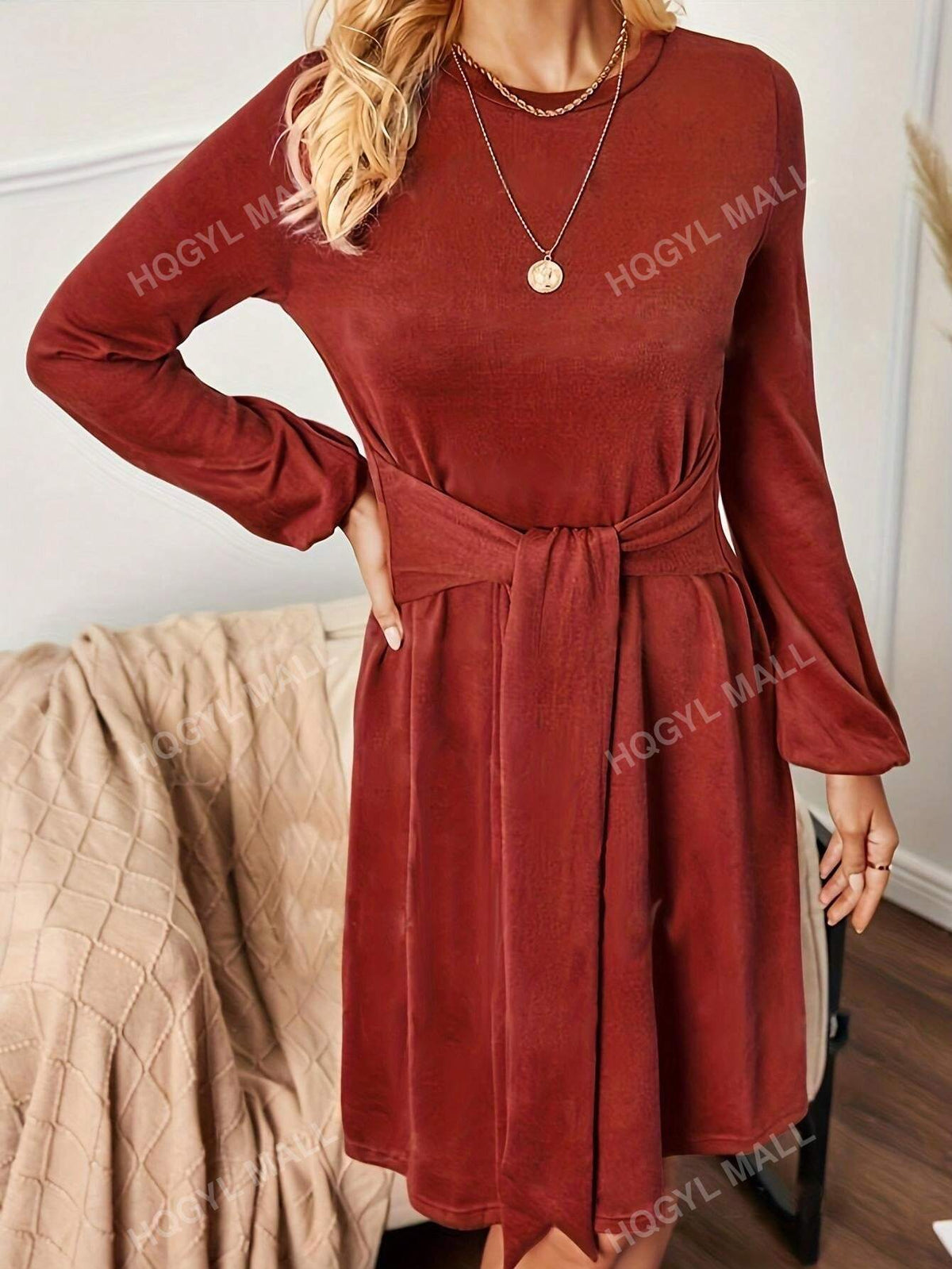 Elegant Solid Colr Crew Neck Tie-Front Long Sleeve Comfortable Dress