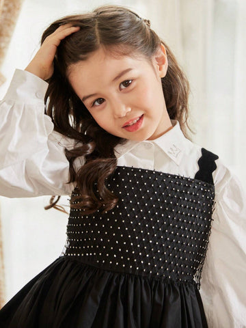 Elegant Spaghetti Strap Black Dress With Shiny Rhinestone For Girls, Spring/Summer