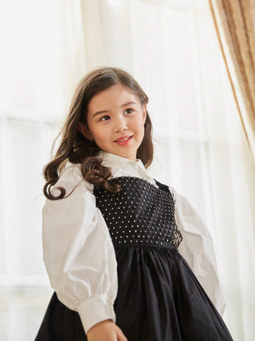 Elegant Spaghetti Strap Black Dress With Shiny Rhinestone For Girls, Spring/Summer
