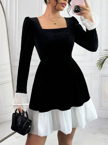 Elegant Square Collar Puff Sleeve Lace Splicing Short Dress