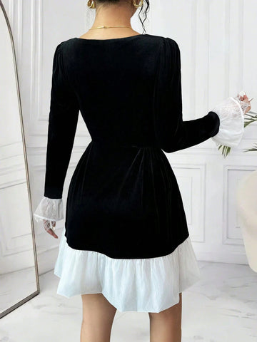 Elegant Square Collar Puff Sleeve Lace Splicing Short Dress