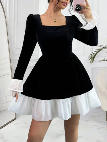 Elegant Square Collar Puff Sleeve Lace Splicing Short Dress
