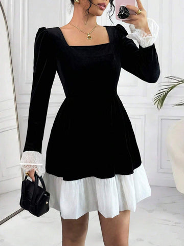 Elegant Square Collar Puff Sleeve Lace Splicing Short Dress