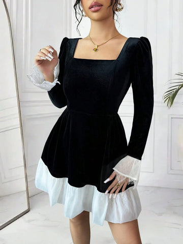 Elegant Square Collar Puff Sleeve Lace Splicing Short Dress