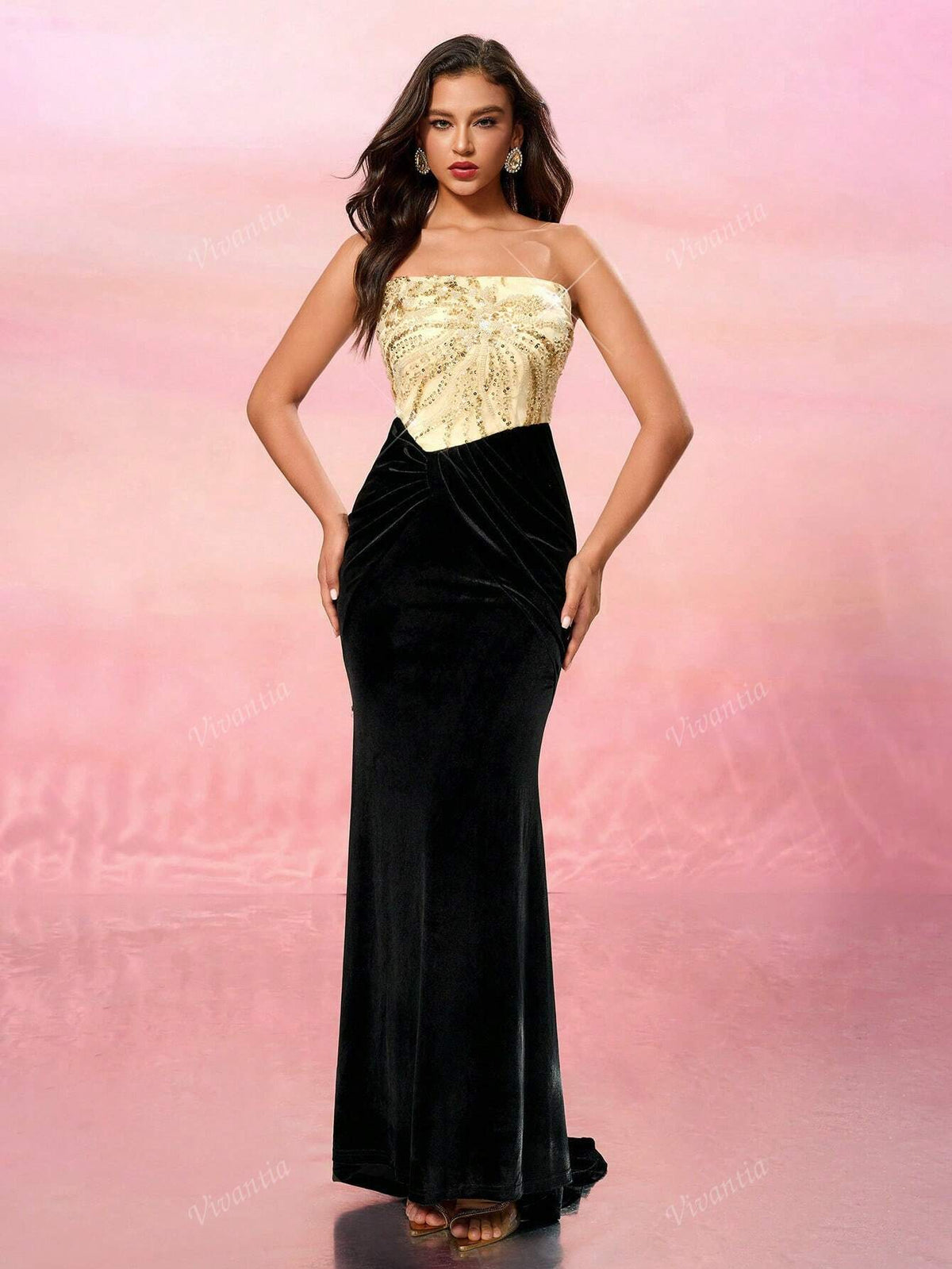Elegant Strapless Gold Sequin Black Velvet Maxi Dress