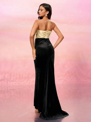 Elegant Strapless Gold Sequin Black Velvet Maxi Dress