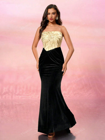 Elegant Strapless Gold Sequin Black Velvet Maxi Dress