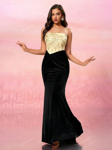 Elegant Strapless Gold Sequin Black Velvet Maxi Dress