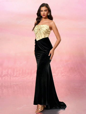 Elegant Strapless Gold Sequin Black Velvet Maxi Dress