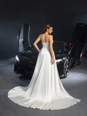 Elegant Strapless Pearl Embellshed Split Thigh Satin Wedding Dress
