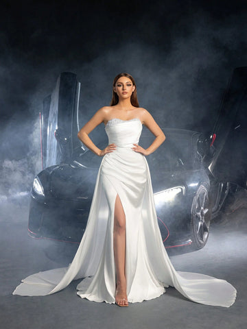 Elegant Strapless Pearl Embellshed Split Thigh Satin Wedding Dress