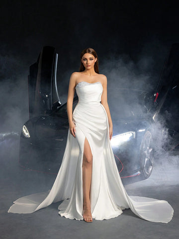Elegant Strapless Pearl Embellshed Split Thigh Satin Wedding Dress