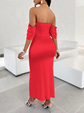 Elegant Strapless Pleated High Slit Maxi Satin Dress