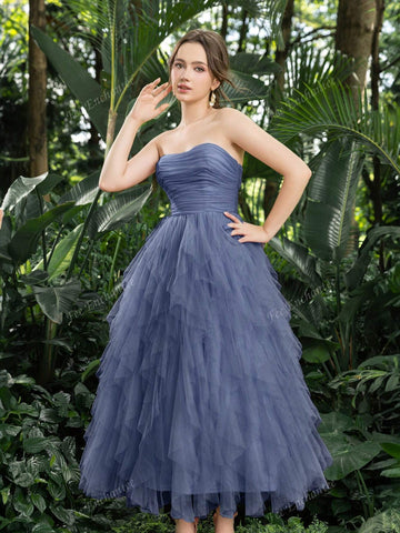 Elegant Strapless Ruched Front Cascading Ruffle Hem Tulle Homecoming Party Dress Perfect For Back To School, Gathering, Dance & Cocktail Events