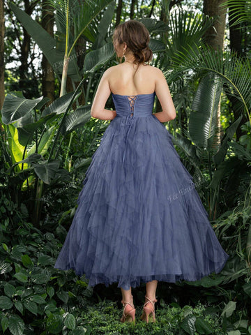 Elegant Strapless Ruched Front Cascading Ruffle Hem Tulle Homecoming Party Dress Perfect For Back To School, Gathering, Dance & Cocktail Events