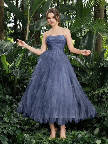 Elegant Strapless Ruched Front Cascading Ruffle Hem Tulle Homecoming Party Dress Perfect For Back To School, Gathering, Dance & Cocktail Events