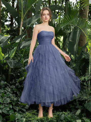 Elegant Strapless Ruched Front Cascading Ruffle Hem Tulle Homecoming Party Dress Perfect For Back To School, Gathering, Dance & Cocktail Events