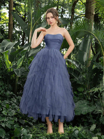 Elegant Strapless Ruched Front Cascading Ruffle Hem Tulle Homecoming Party Dress Perfect For Back To School, Gathering, Dance & Cocktail Events