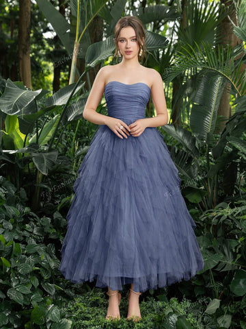 Elegant Strapless Ruched Front Cascading Ruffle Hem Tulle Homecoming Party Dress Perfect For Back To School, Gathering, Dance & Cocktail Events
