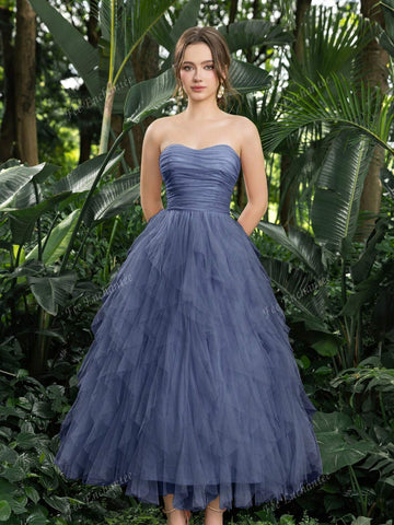 Elegant Strapless Ruched Front Cascading Ruffle Hem Tulle Homecoming Party Dress Perfect For Back To School, Gathering, Dance & Cocktail Events