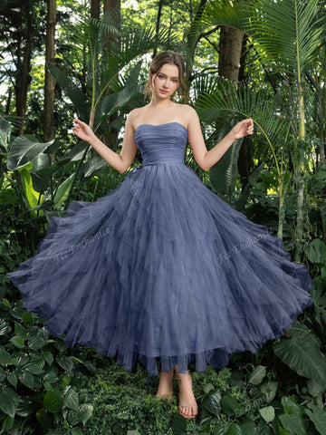 Elegant Strapless Ruched Front Cascading Ruffle Hem Tulle Homecoming Party Dress Perfect For Back To School, Gathering, Dance & Cocktail Events