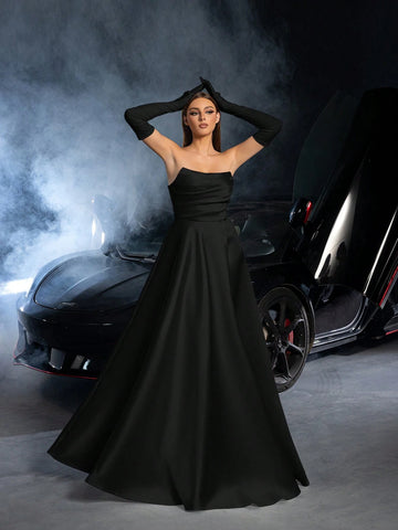 Elegant Strapless Ruched Front Split Thigh Satin Wedding Dress (Gloves Included)