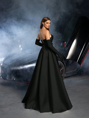 Elegant Strapless Ruched Front Split Thigh Satin Wedding Dress (Gloves Included)