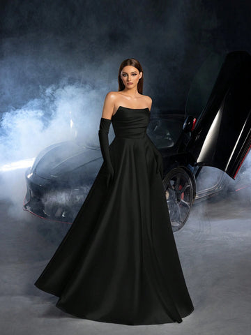 Elegant Strapless Ruched Front Split Thigh Satin Wedding Dress (Gloves Included)