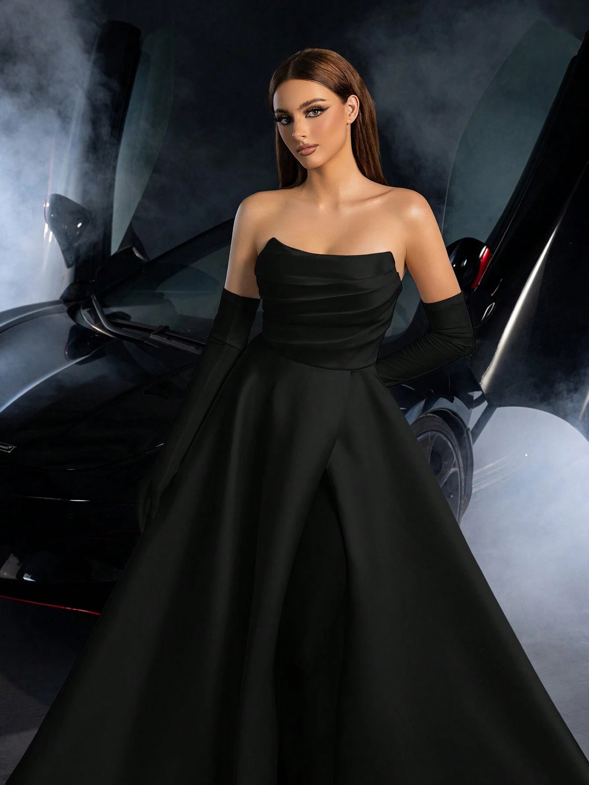 Elegant Strapless Ruched Front Split Thigh Satin Wedding Dress (Gloves Included)