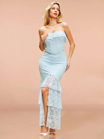 Elegant Summer Strapless Dress With Stretchy Lace Material, Asymmetric Hemline And Ruffles
