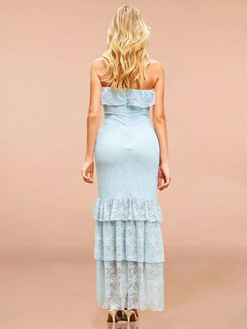 Elegant Summer Strapless Dress With Stretchy Lace Material, Asymmetric Hemline And Ruffles