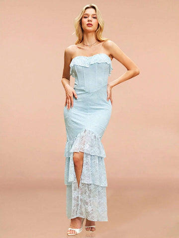 Elegant Summer Strapless Dress With Stretchy Lace Material, Asymmetric Hemline And Ruffles