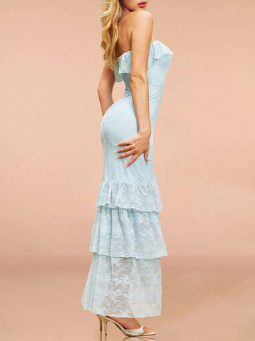 Elegant Summer Strapless Dress With Stretchy Lace Material, Asymmetric Hemline And Ruffles