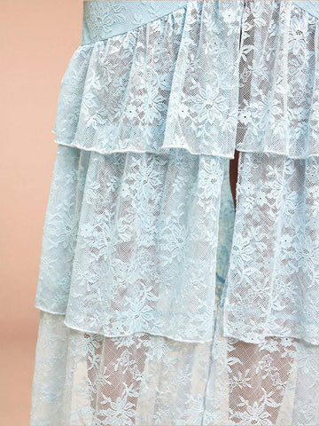 Elegant Summer Strapless Dress With Stretchy Lace Material, Asymmetric Hemline And Ruffles