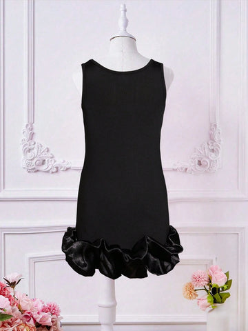 Elegant Summer Young Girl Sleeveless Dress With 3D Flower Edge Hem