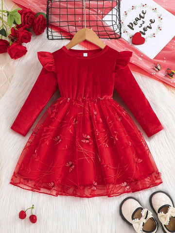 Elegant Sweet Young Girls Long Sleeve Plush Butterfly & Tulle Mesh Dress