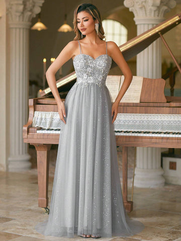 Elegant Sweetheart Applique Spaghetti Long Dress