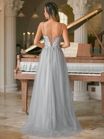 Elegant Sweetheart Applique Spaghetti Long Dress