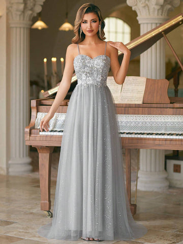 Elegant Sweetheart Applique Spaghetti Long Dress