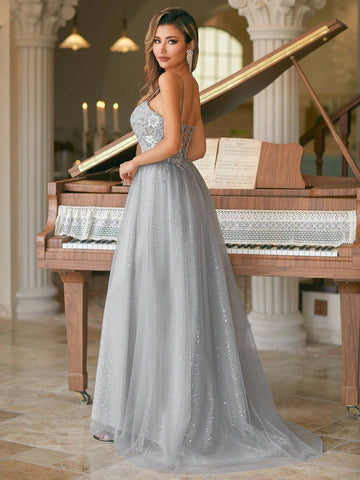 Elegant Sweetheart Applique Spaghetti Long Dress