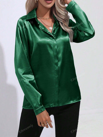 Elegant Turndown Collar Single-Breasted Faux Silk Shirt, Women's Fashion Blouse