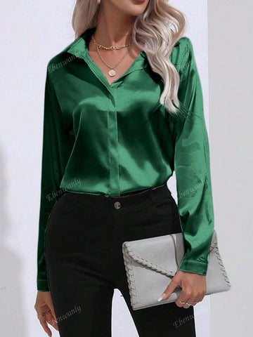 Elegant Turndown Collar Single-Breasted Faux Silk Shirt, Women's Fashion Blouse