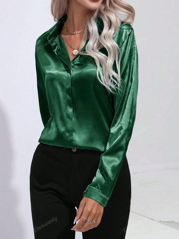 Elegant Turndown Collar Single-Breasted Faux Silk Shirt, Women's Fashion Blouse