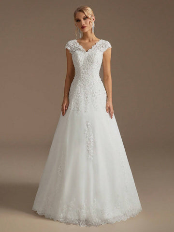 Elegant V-Neck A-Line Style Appliqué Hand-Beaded Wedding Dress