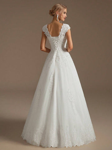 Elegant V-Neck A-Line Style Appliqué Hand-Beaded Wedding Dress