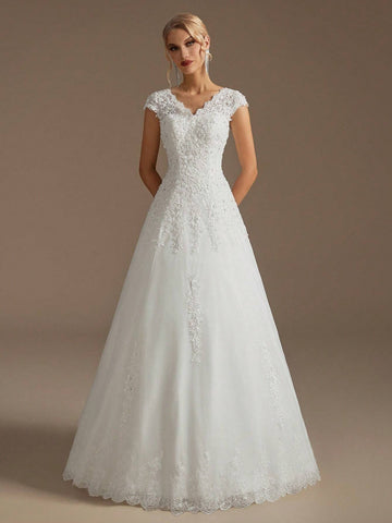 Elegant V-Neck A-Line Style Appliqué Hand-Beaded Wedding Dress